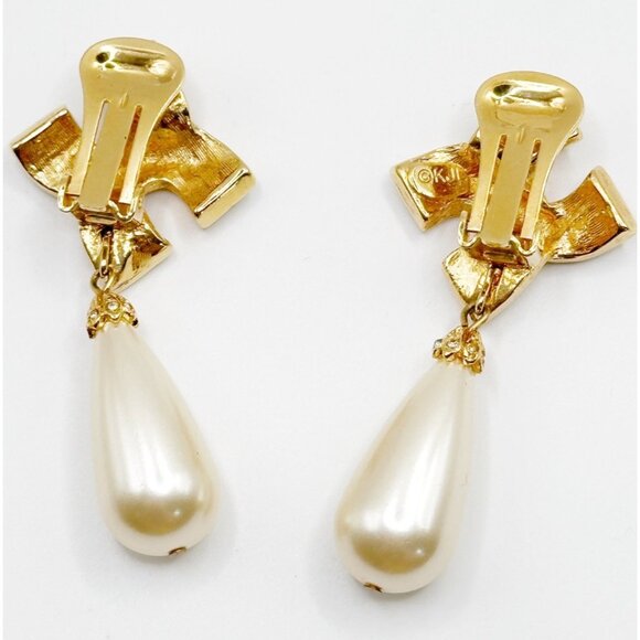 Kenneth J Lane Vintage Rhinestone And Dangling Faux Pearl‎ Earrings - Picture 3 of 4